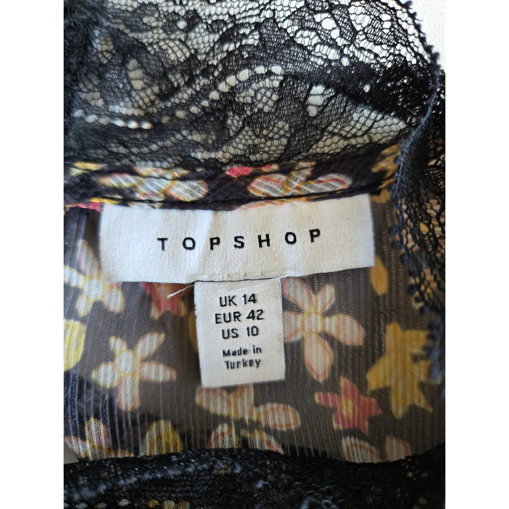Topshop Floral Lace Trim Mock Neck Sheer Blouse Sz 10 Cottage Romantic Victorian - Picture 9 of 10